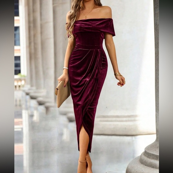 Luxe off shoulder wrap party prom wedding gown velvet dress - Picture 5 of 8